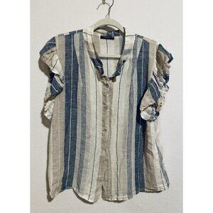 Lungo Larno Top Womens Large Striped Flutter Sleeve Linen Button Up Beachy